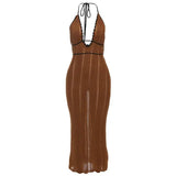 Bonnyshow  Summer Halter Knitted Long Dress Elegant Backless Sleeveless Patchwork Women Maxi Dresses Fashion Deep V Neck Beach Robes