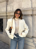 Bonnyshow  Elegant Covered Button Short Women's Jacket Solid V-neck Full Sleeve Pockets Coats Female 2025 Spring Autumn Lady Streetwears