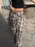 Bonnyshow  Streetwear Drawstring Plaid Pants Elastic Waisted Fashion Casual Sweatpants Harajuku Aesthetic Y2K Straight Pants