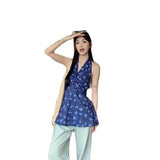 Bonnyshow  French Blue Floral Neck Sling Women'S Fashion Backless V-Neck Vacation Leisure Mid Length Hanging Neck Dress New