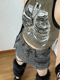 Bonnyshow Punk Aesthetic Cyber Retro X-ray Skeleton Print Rib Sleeveless Vest ArmyGreen Crop Top Designer Clothes Women Summer Emo