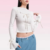 Bonnyshow Autumn White T-shirt Women O-Neck Flare Sleeve Lace-up Crop Top Fashion Casual Solid T Shirt Streetwear Sexy Cropped Top Female