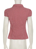 Bonnyshow  Plaid Print Retro Casual Blouses Fold Button Basic Slim Sexy 90s Streetwear Clothings Aesthetic Y2k Summer Outfits