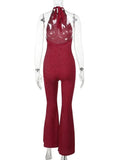 Bonnyshow  Elegant Halter Neck Backless Party Jumpsuits for Women 2025 Summer Off Shoulder Sleeveless High Waist Flare Pants Red Overalls