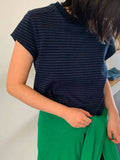 Bonnyshow  Navy Striped Short Sleeve T-shirt Women Summer New Crew Neck Cotton Simple Tee Shirts Korean Fashion Vintage Casual Tops Tees