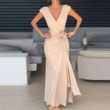Bonnyshow  Elegant High Waist Pleated Split Long Casual Spring Summer Solid Holiday Dresses Ladies Deep V Rose Patchwork Party Dress