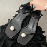 Bonnyshow  Fashion Design Pearl Clip Toe Women Sandals Summer Buckle Strap Square Low Heels Banquet Dress Female Shoes