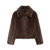 Bonnyshow Fashion Solid Color Plush Women's Coat Casual Retro Turndown Collar Short Coats Women Winter Soft Comfortable Warm Outerwears