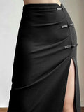 Bonnyshow Women New Skirt Summer Streetwear Fashion Zipper Casual Slim Split Maxi Skirt Black Sexy Club Party Elegant Versatile Lady Skirt