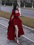 Bonnyshow Spring Women Elegant Long Slevee Midi Dress Female Red Square Collar Ruffle Party Dress Christmas Irregular Prom Dress