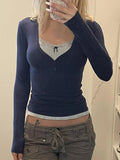 Bonnyshow Patchwork Sexy Women Tees Solid Autumn Streetwear V-Neck Long Sleeves Bodycon Crop Top Fashion Casual Slim Basic T-shirt Female