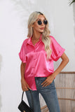 Bonnyshow  Women Summer Style Satin Blouses Shirts Lady Casual Short Sleeve Turn-down Collar Solid Color Blusas Tops