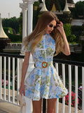 Bonnyshow  Elegant Women Print Short Dress With Belt Lapel Sleeveless Pleated Vestidos 2025 Summer Elegant Female Vacation Party Dresses