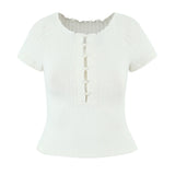 Bonnyshow  Women Hollow out Through Buttons Pearl Knitted Short Sleeve Sweater Crop Pullovers Knitwear All Match Knitting Tops Jumper