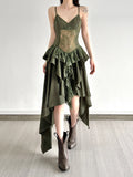 Bonnyshow  Retro Solid Lace Patchwork Dress Vacation Elegant Slim Backless Vintage Sleeveless Clothings Irregular Fold Outfit