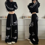 Bonnyshow Retro streetwear graffiti pants Hip hop baggy sweatpants versatile straight leg trousers wide leg drawstring slacks Y2K pants