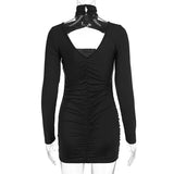 Bonnyshow Autumn Black Dresses Women New Fashion Long Sleeves Turtleneck Dress Sexy Hollow Out Backless Bodycon Sheath Elegant Lady Dress