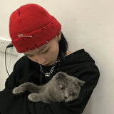 Bonnyshow Solid Color Knitted Hat Punk Hip Hop Beanies for Men Women Metal Pin Ring Brimless Melon Cap Winter Warm Crochet Bonnet Gorras