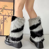 Bonnyshow Zebra Leg warmer Y2k Artificial Fur stripe Socks Japanese Lolita Leg warmer Women Faux Fur Shoes Cuffs Cover Socks Streetwear