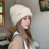 Bonnyshow Winter Knit Beanie Hat Women Korean Solid Color Warm Loose Cap Autumn Thicken Crochet Woolen Hats Female Lady Skullcap