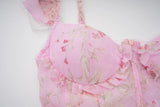Bonnyshow  Romantic Floral Print Maxi Dress Ruffle Trim Lace Detail Tiered Long Pretty Pink For Women Sleeveless Summer TH9769