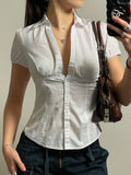 Bonnyshow  Casual Solid Tee Shirts for Women Turn-down Collar Button Up Corset Blouses Korean Short Sleeves Fashion Cute Tops