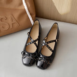 Bonnyshow  5cm Cross Strap Rivet Women Heels Pumps PU Leather Ballet Mary Janes Elevator Shoes Insole Spring Autumn Casual Wedges Loafers
