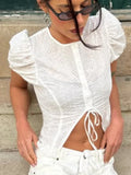 Bonnyshow  Chic Street Hollow Puffy Sleeve Shirt Women Retro White Slim O-neck Lace Up Short Shirts Lady 2025 Summer Fashion Versatile Tops
