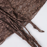 Bonnyshow  Y2K Fashion Lace Crop Top Brown V-neck Lace Up Cardigan Tee Shirt See Through Chic Sexy Short Sleeve T-shirt Summer