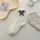 Bonnyshow Warm Coral Velvet Socks for Women Kawaii Flower Bows Mid Tube Sock Lady Thicken Warm Plush Sleep Home Floor Socks