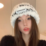 Bonnyshow Korean Striped Plush Hat Women Winter Warm Faux Fur Beanie Cap Solid Color Fluffy Windproof Female Ear Protection Hats