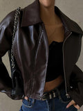 Bonnyshow Short Leather Women's Jacket Minimalism Solid Color Vintage Jackets Autumn Casual Retro Women Coat Classic Coats Outerwear