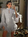 Bonnyshow Shiny Sequined Lace Short Formal Dresses With Feather Decoration Puffy Sleeves A-line Mini Women Dress To Party