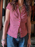 Bonnyshow  Plaid Print Retro Casual Blouses Fold Button Basic Slim Sexy 90s Streetwear Clothings Aesthetic Y2k Summer Outfits