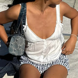 Bonnyshow  Women's Fairy 2000s Summer Tops Mini Bows Straps V Neck Crop Tops Open Back Lace Trim Button Tank Tops Streetwear