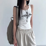 Bonnyshow Rivet Gothic Print Graphic Tank Top Street Wear Grunge Y2k Clothes White Ribbed Sleeveless Tops Women