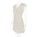 Bonnyshow  Short Sleeve V Neck Polka Dot Back Bow Tie Waist Mini Dress For Women Summer French Style Slim Casual Elegant Short Dress