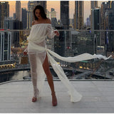 Bonnyshow  Sexy See Through Lace Women Dress Party Long Flare Sleeve Slash Neck Split Female Dresses 2025 Spring Summer Club Lady Robe