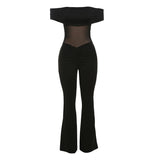 Bonnyshow Autumn and Winter Women's Hot Girls Sexy One-Shoulder Mesh Splicing Slim Fit Booty Jumpsuit Party Club Clothing