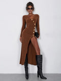 Bonnyshow  Knitted Maxi Dress For Women Sexy Slit Slim Long Sleeve Buttons Dresses Knitwear Party Elegant Retro Dress Lady  New