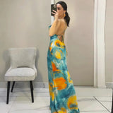 Bonnyshow Fashion Tie Dye Maxi Dress Women Elegant Spaghetti Strap Slim Evening Party Dresses Summer Sexy Backless Beach Holiday Dress