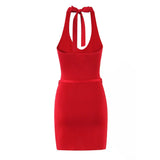 Bonnyshow  3 COLORS Sexy Knitting Tie Bow Halter Collar Dress Women Lacing Up Bow Belt Skinny Package Hips Short Knit Dresses Tank Robe