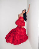 Bonnyshow Red Bubble Mermaid Long Evening Dresses Layered Illusion Sexy Formal Party Dress Sweetheart Strapless Long Maxi Gowns