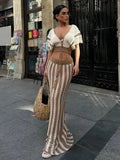 Bonnyshow Summer Knitted Beach Skirt Sets Women Sexy Hollow Out Slim Bohemian Outfits Fashion Striped Holiday Two Piece Set 2024 Beachwear