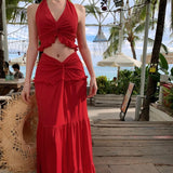 Bonnyshow  Sexy Pleated 2 Piece Suit Women Halter Backless Lace Up Tank Slim Hip Package Long Skirt Female Set Spring Summer Lady Sets