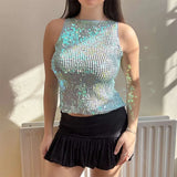 Bonnyshow  Sexy Sequined Vest Halter Top Sleeveless Round-neck Slim Fit Backless Short Blouse Sparkling Socialite Tank Women's Clothing