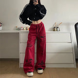 Bonnyshow Retro streetwear graffiti pants Hip hop baggy sweatpants versatile straight leg trousers wide leg drawstring slacks Y2K pants