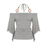 Bonnyshow  Fashion Beading Slim Fit Chic Women Halter Tops Bating Sleeve Solid Causal Simple Slash Neck Blouses