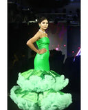 Bonnyshow Eye Catching Neon Green Mermaid Evening Dresses With Big Volume Ruffles Tulle Bottom Strapless Long Evening Gowns