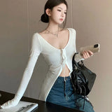 Bonnyshow New Women's T-shirt Autumn Streetwear Fashion Button Long Sleeves Casual Slim T-shirt Sexy Low Chest See Through Female Tees Top
